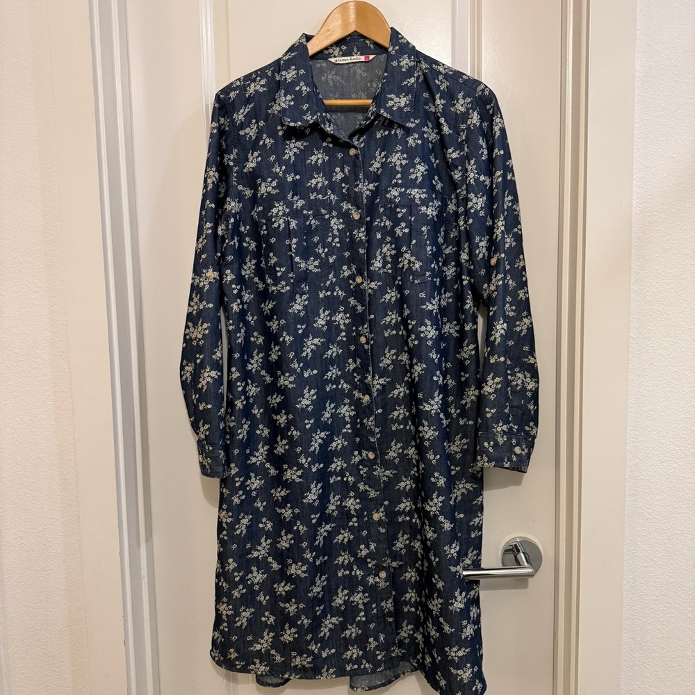 Given Kale dark chambray Floral print Button-Up Shirt Dress XL western travel